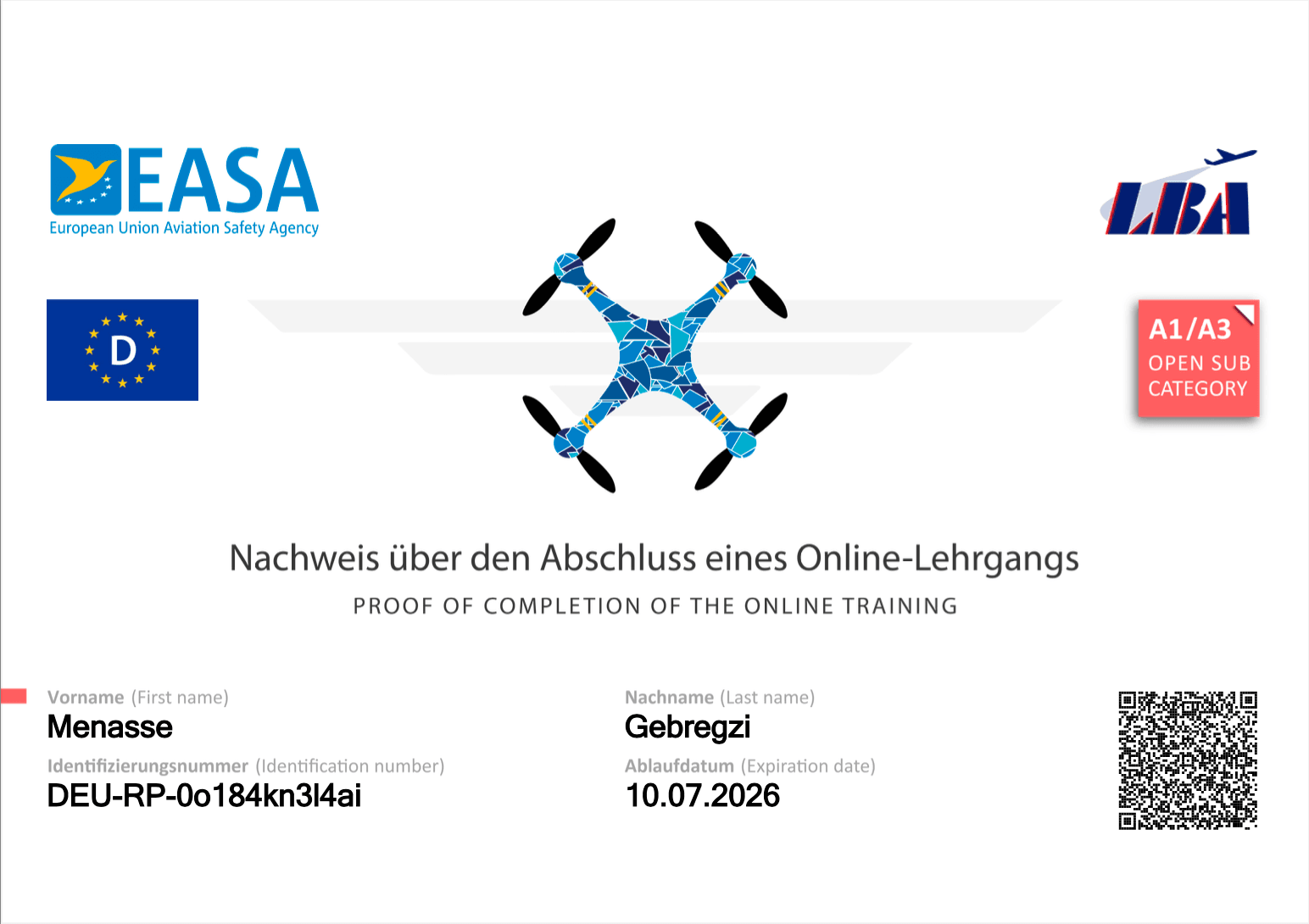 EU EASA A1/A3 Drone Pilot License